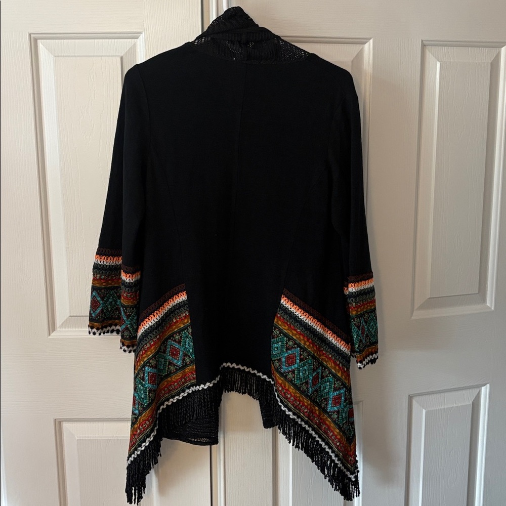 NWT ADORE Brand Bohemian Black Open Front Cardigan with Gorgeous Colorful Trim - Picture 10 of 17